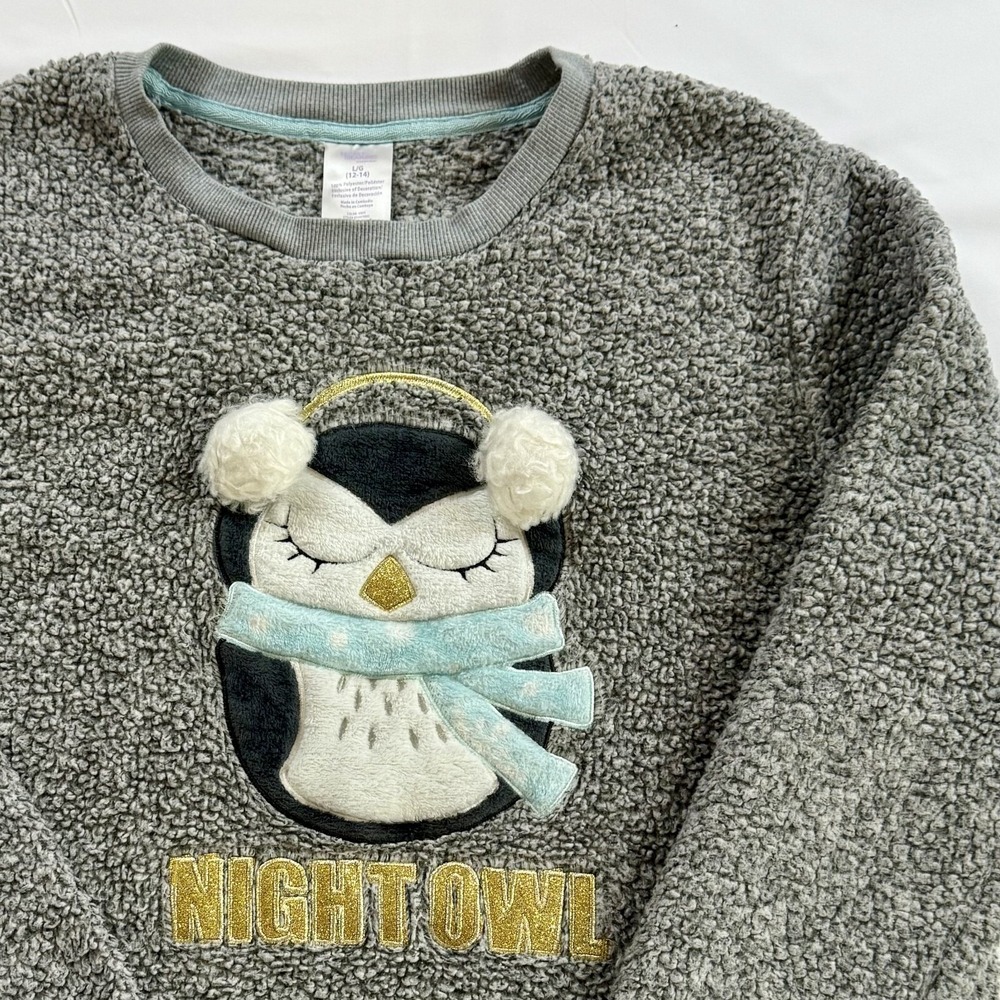 Secret Treasures Shirt Girls Large Gray Plush Pajamas‎ Night Owl Sleepwear